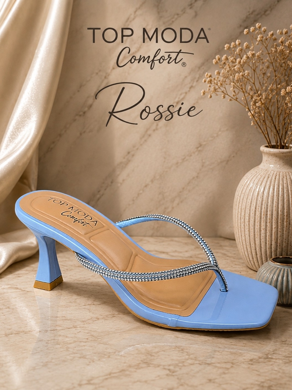 Top Moda Comfort “Rossie” Rhinestone Heeled Sandals – Baby Blue – Women’s Size 5